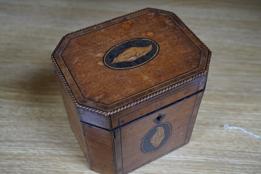 A George III Sheraton period octagonal West Indian satinwood and marquetry tea caddy, 12cm high. Condition - fair